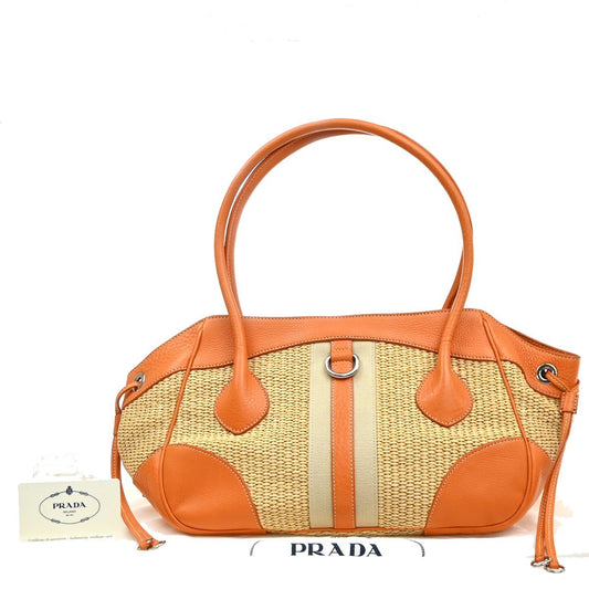 PRADA Logo Shoulder Bag Raffia Straw Leather Beige Orange SHW Italy 76YJ131
