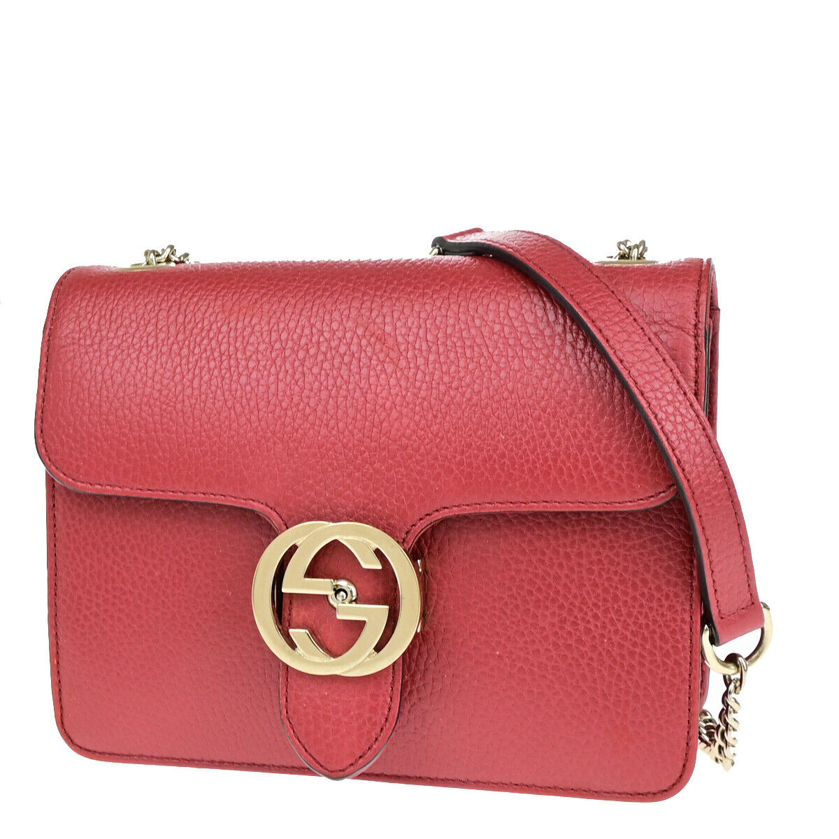 GUCCI Logo Interlocking G Mini Chain Shoulder Bag Leather Red GHW Italy 93YF653