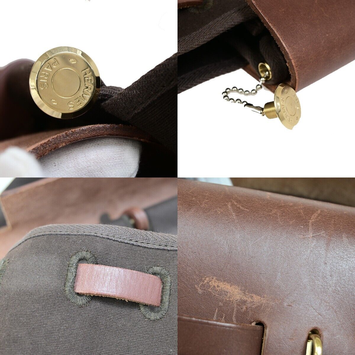 HERMES Logo Her Bag MM 2 In 1 Hand Tote Bag Toile Officier Leather Brown 29EB177