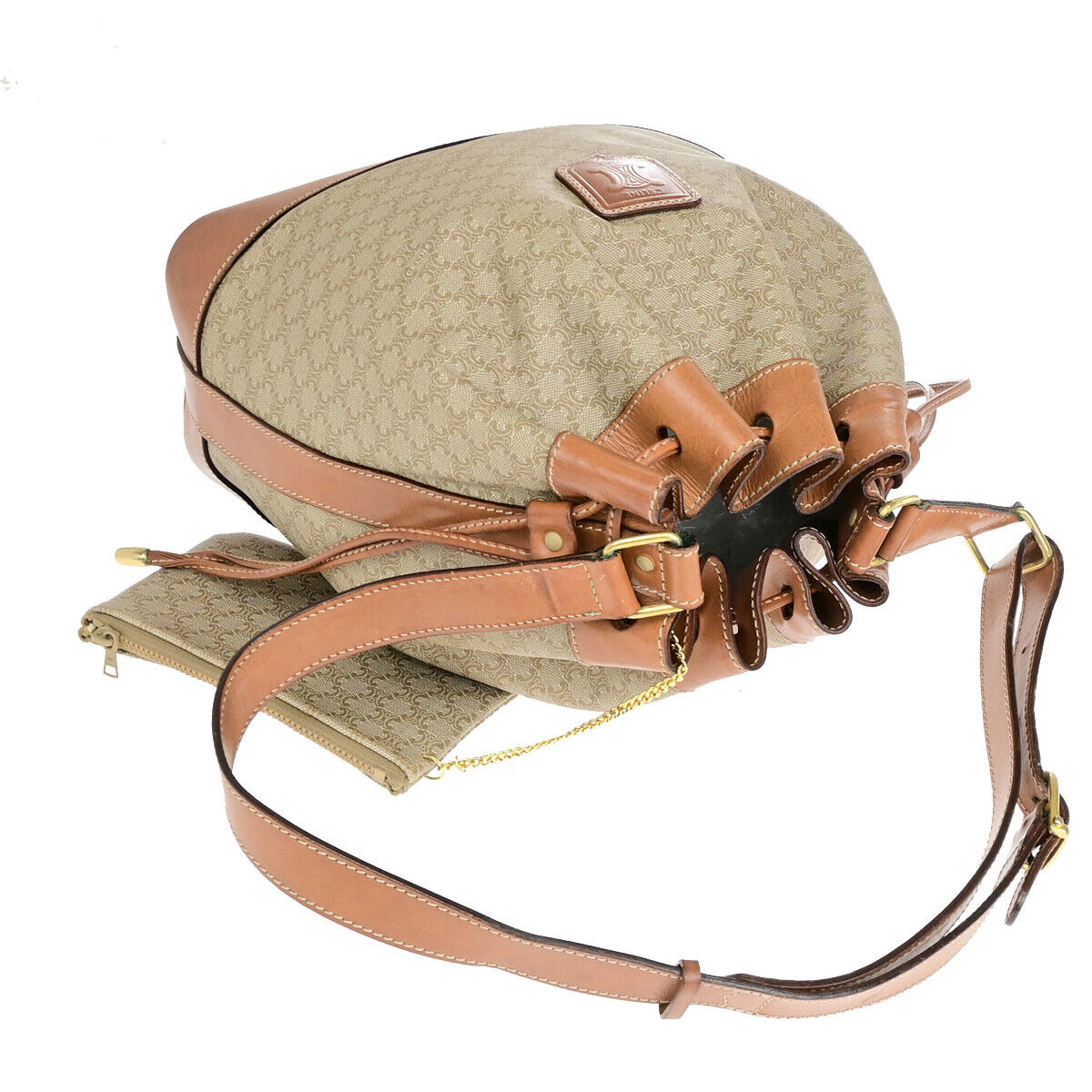 CELINE Macadam Drawstring Shoulder Tote Bag PVC Leather Beige Brown GHW 33YF570