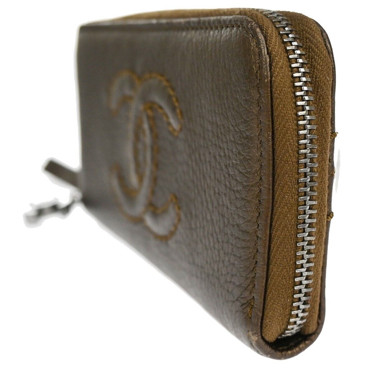 CHANEL CC Logo Luxury Line Bifold Wallet Coin Purse Leather Brown SHW 32YD864