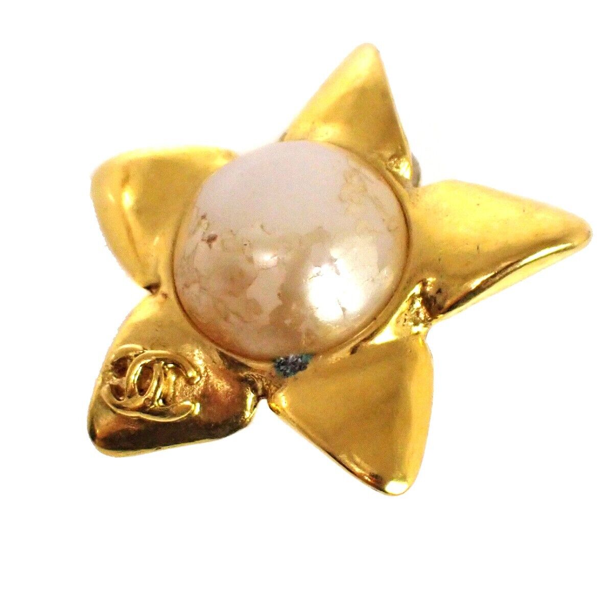 CHANEL CC Star Earrings 96P Clip-On Imitation Pearl GHW France Vintage 80RH409