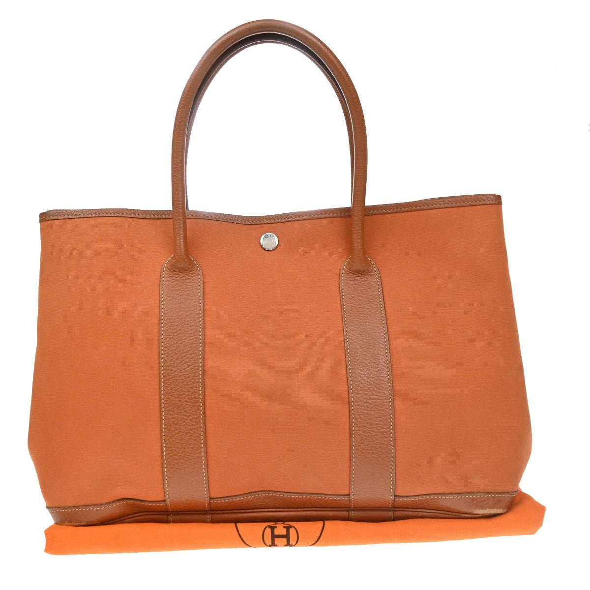 HERMES Garden Party PM Hand Bag Toile Officier Canvas Leather Orange 57PR184