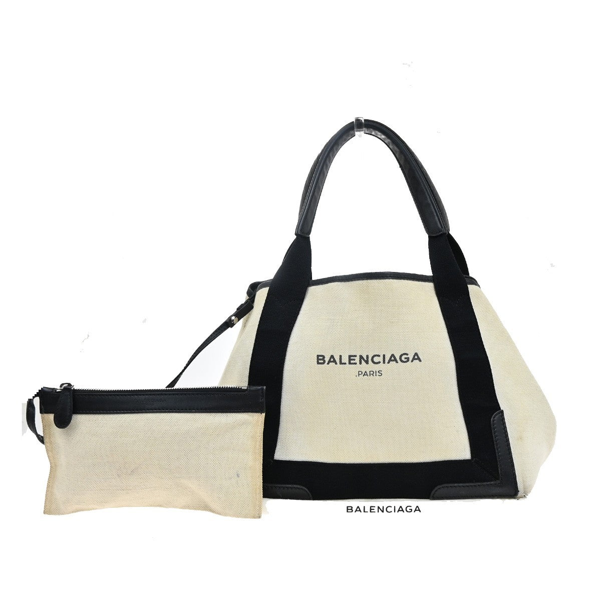 BALENCIAGA Navy Cabas S Shoulder Hand Bag Canvas Leather White Black 66EF982