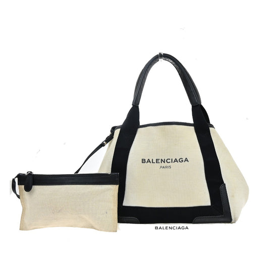 BALENCIAGA Navy Cabas S Shoulder Hand Bag Canvas Leather White Black 66EF982