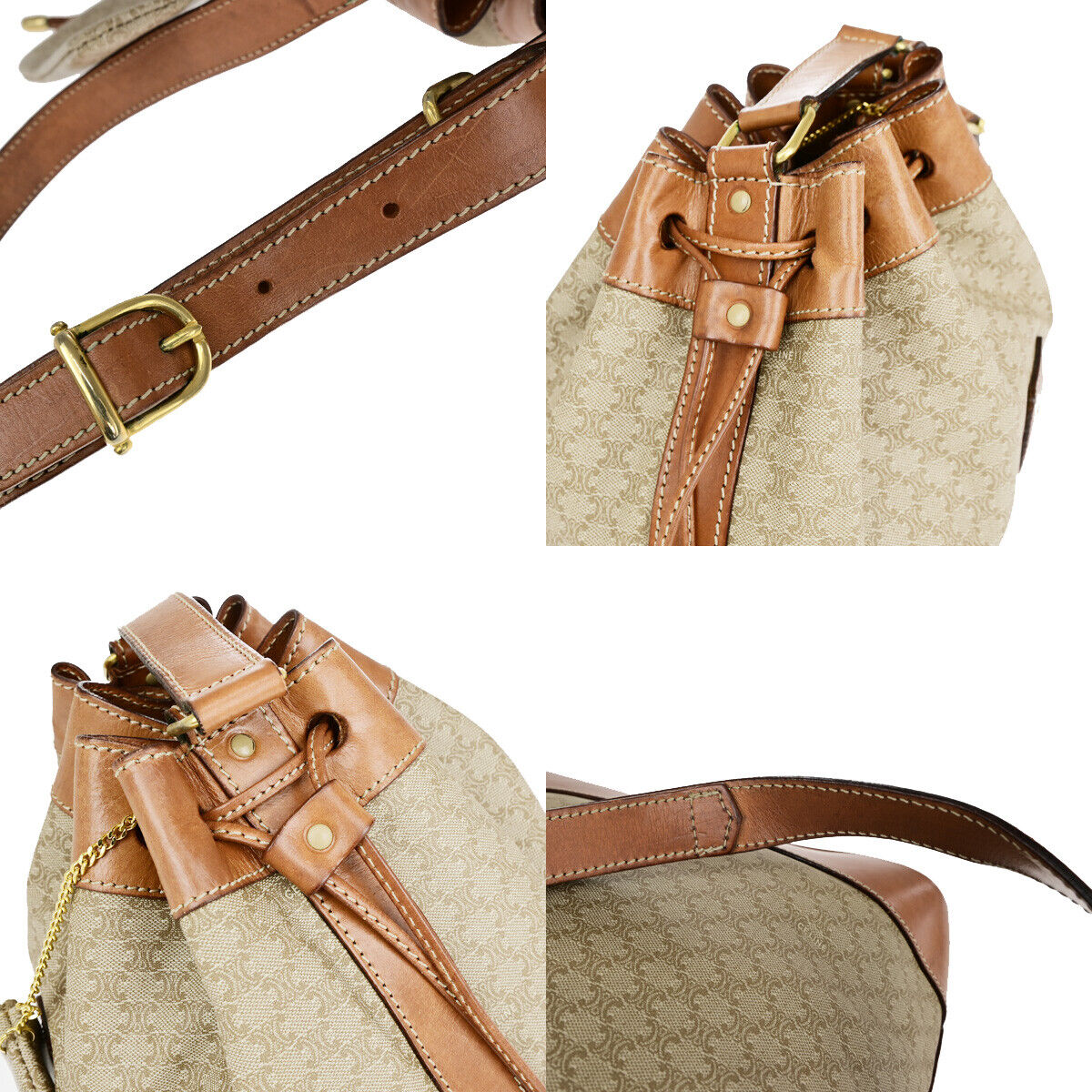 CELINE Macadam Drawstring Shoulder Tote Bag PVC Leather Beige Brown GHW 33YF570