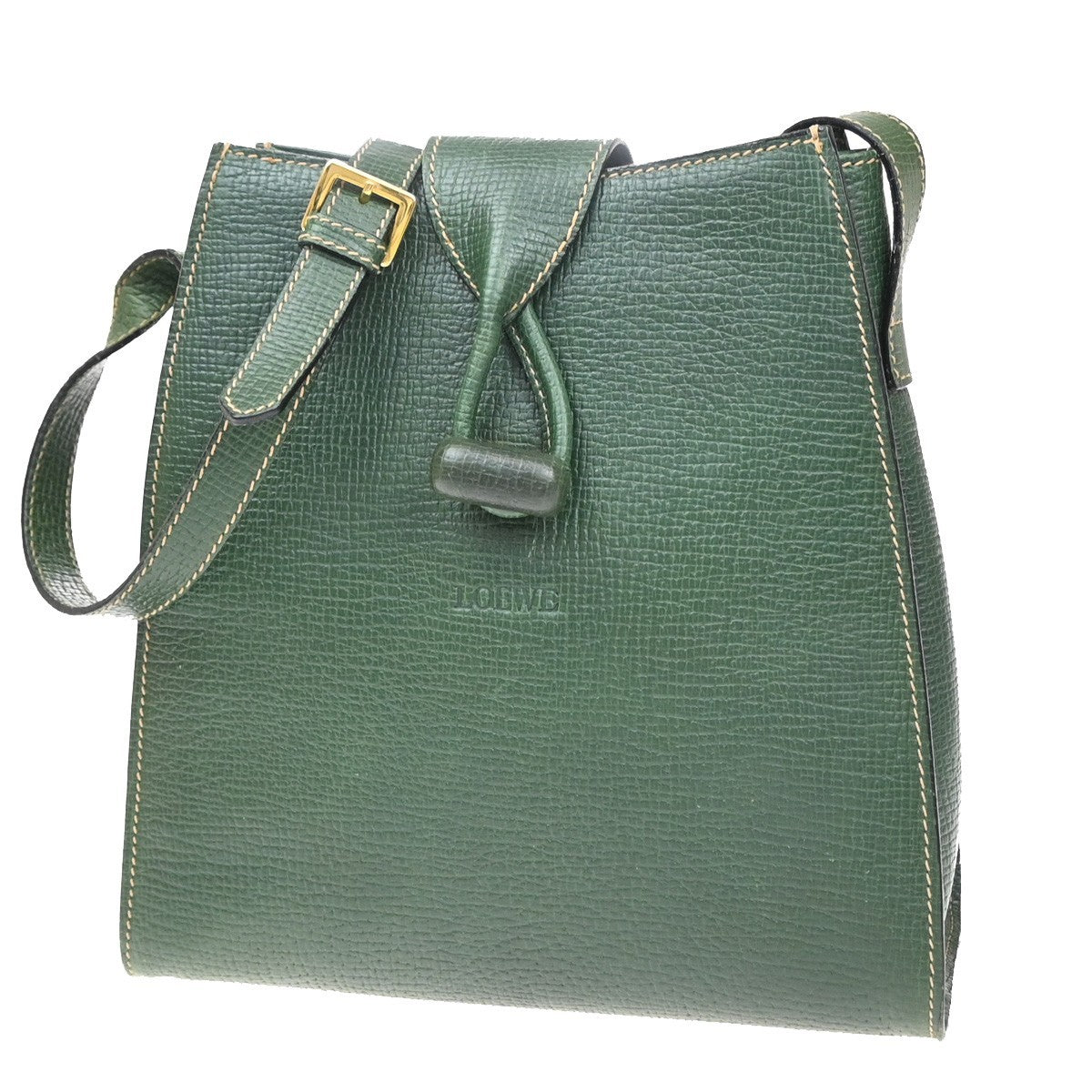 LOEWE Logo Turn Lock Shoulder Hand Bag Leather Green GHW Italy 86YJ123