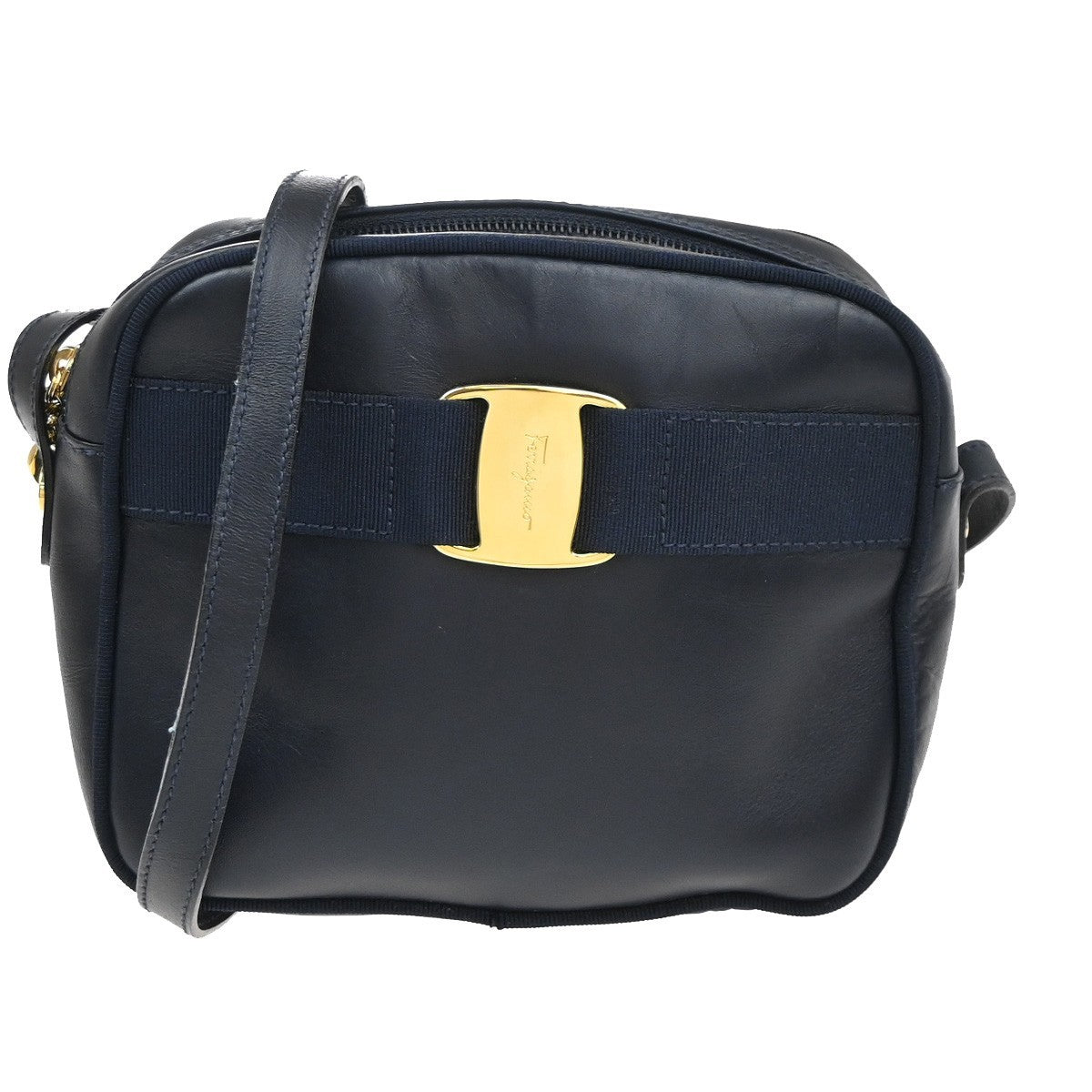SALVATORE FERRAGAMO Logo Vara Shoulder Bag Leather Navy Blue GHW Italy 09MA547