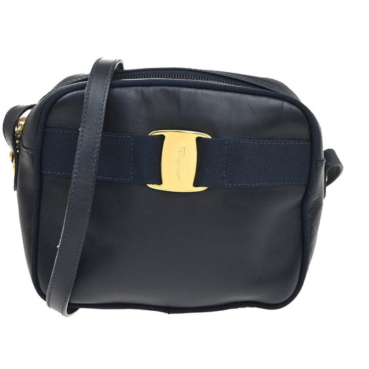 SALVATORE FERRAGAMO Logo Vara Shoulder Bag Leather Navy Blue GHW Italy 09MA547