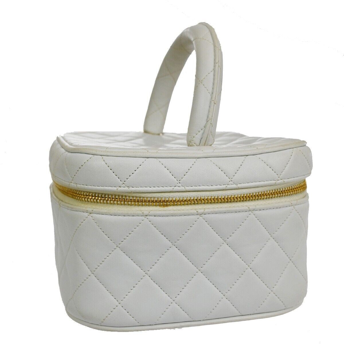 CHANEL Logo Matelasse Vanity Hand Bag Leather White GHW France Vintage 96RH435