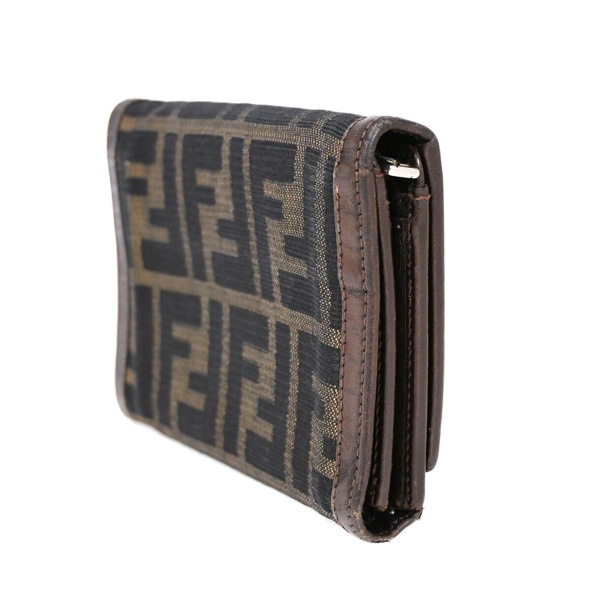 FENDI Logo Zucca Pattern Bifold Wallet Purse Canvas Leather Brown Italy 08HB292