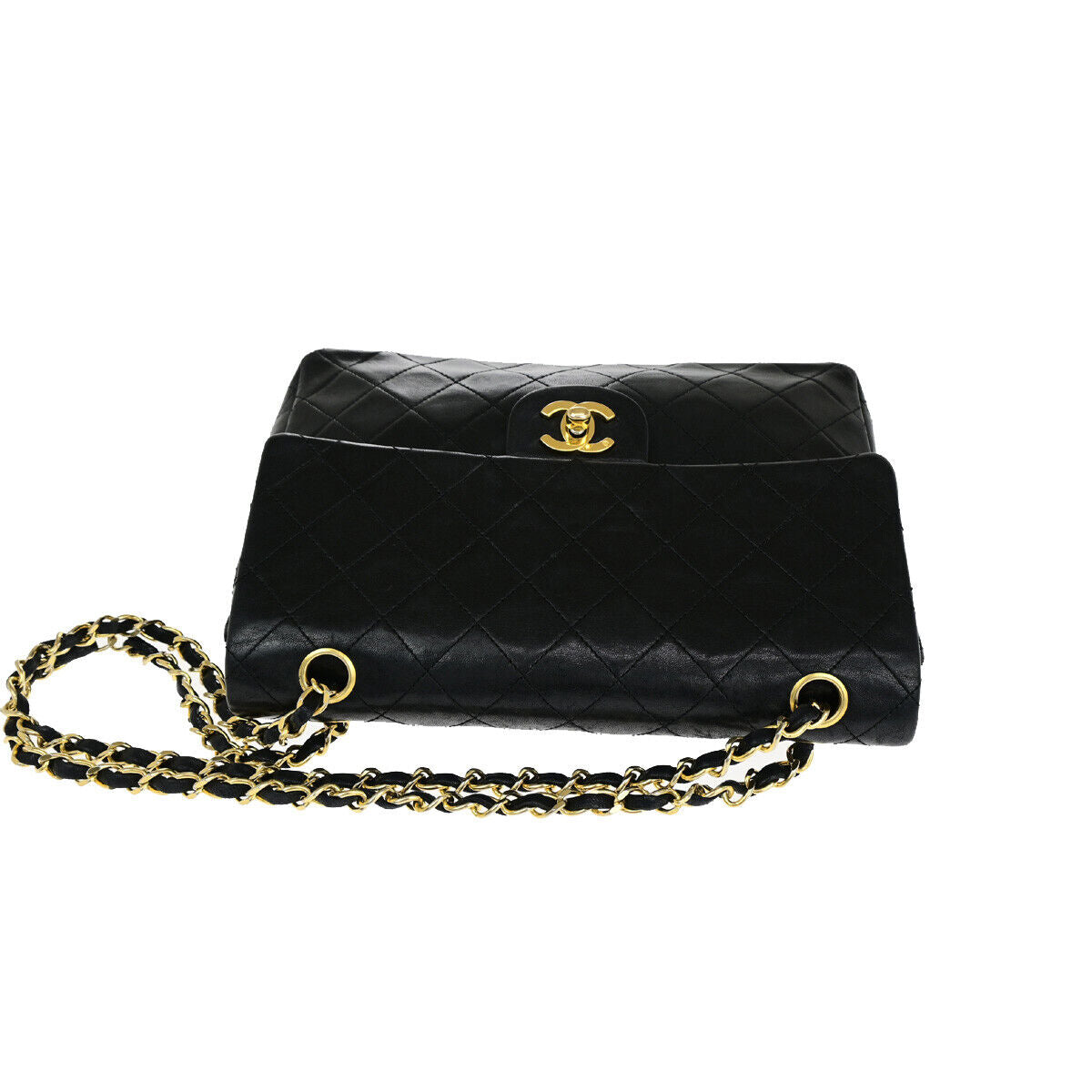 CHANEL CC Matelasse 25 Double Flap Chain Shoulder Bag Leather Black GD 318RJ940