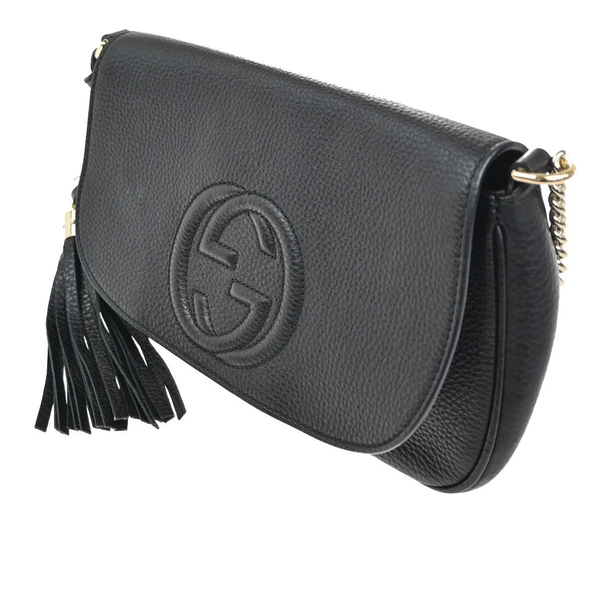 GUCCI GG Tassel Charm Crossbody Chain Shoulder Bag Leather Black Gold  99TA479