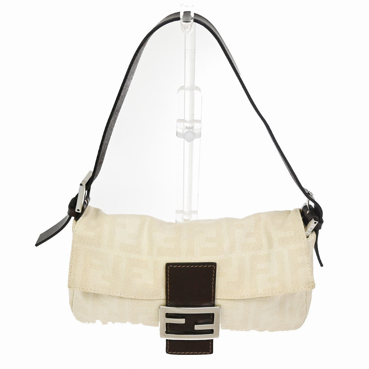 FENDI Mamma Baguette Zucca Shoulder Bag Canvas Leather White SHW Italy 98ZA279