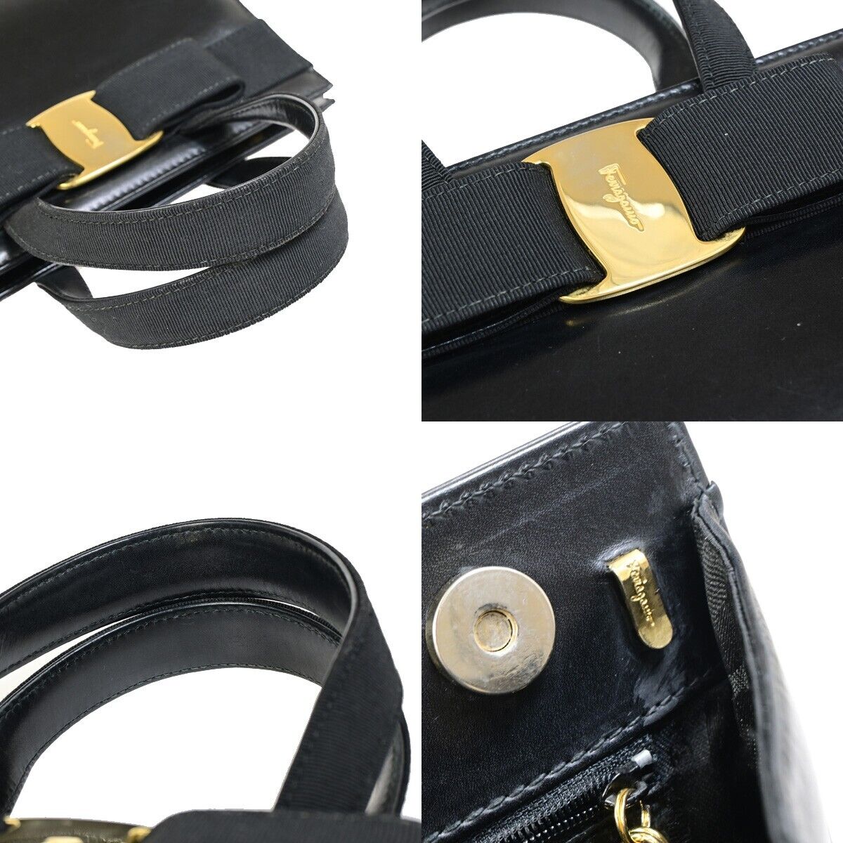 SALVATORE FERRAGAMO Logo Vara Hand Bag Canvas Leather Black Gold Italy 64EC119