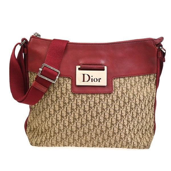 CHRISTIAN DIOR Logo Trotter Shoulder Bag Canvas Leather Red Brown 16TA621