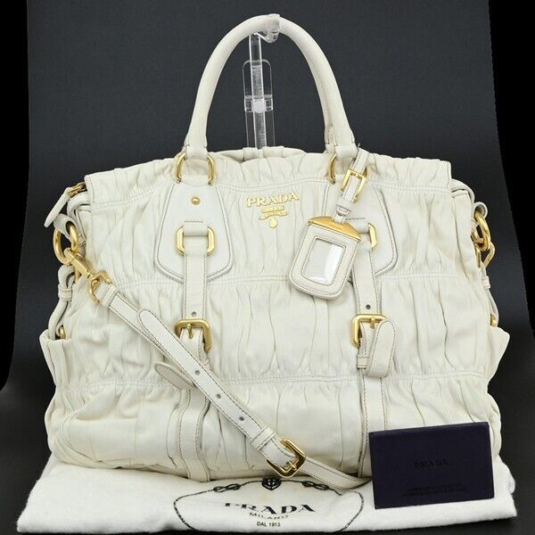 PRADA Logo 2 way Shoulder Hand Bag Leather White GHW Italy 87EE068