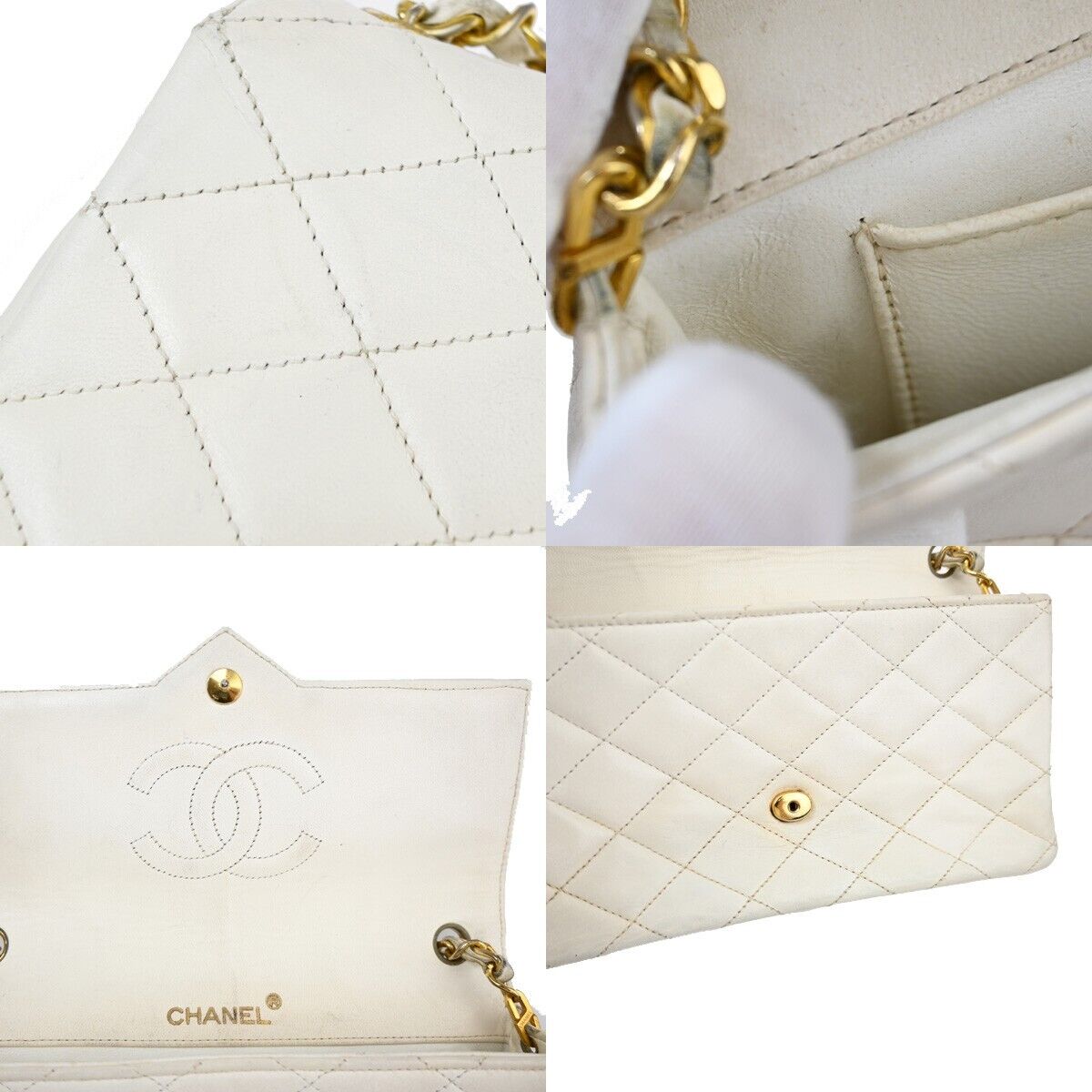 CHANEL CC Logo Matelasse Chain Shoulder Bag Leather White GHW Vintage 650RJ771