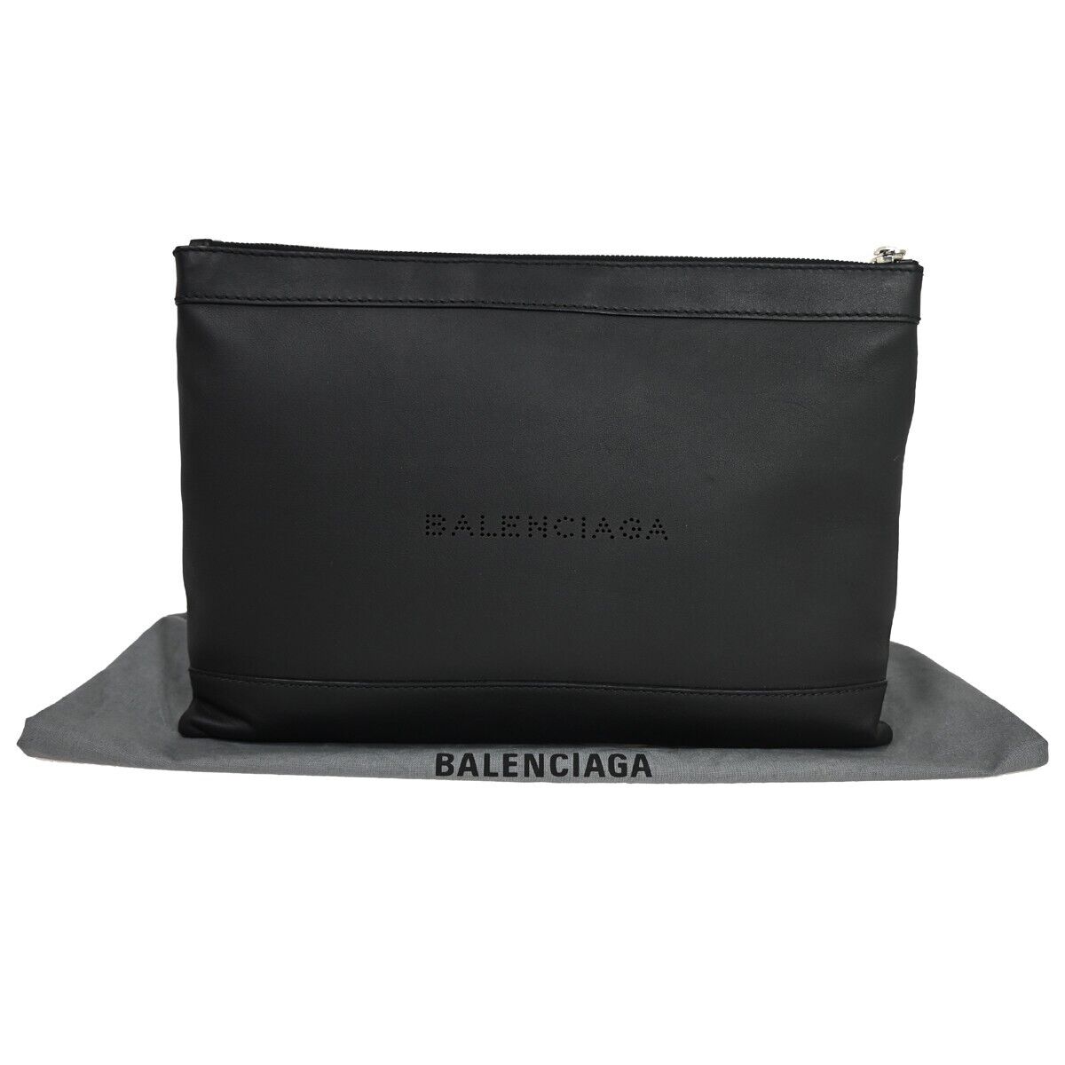 BALENCIAGA Logo Navy Clip M Clutch Hand Bag 373834 Leather Black Italy 33GA300