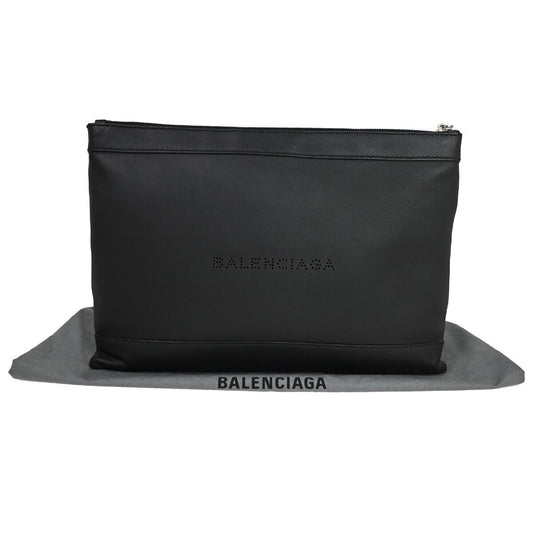 BALENCIAGA Logo Navy Clip M Clutch Hand Bag 373834 Leather Black Italy 33GA300