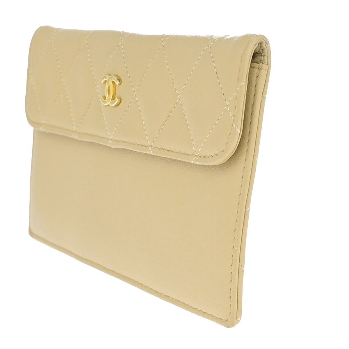 CHANEL CC Logo Matelasse Mini Pouch Wallet Coin Case Leather Beige Gold 66FA692