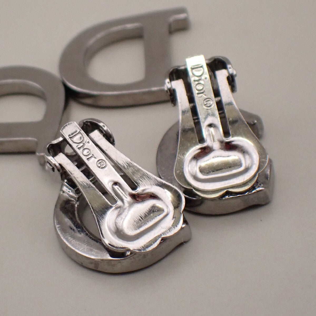 CHRISTIAN DIOR CD Logo Rhinestone Drop Earrings Clip-On Silver Accesory 05YH196