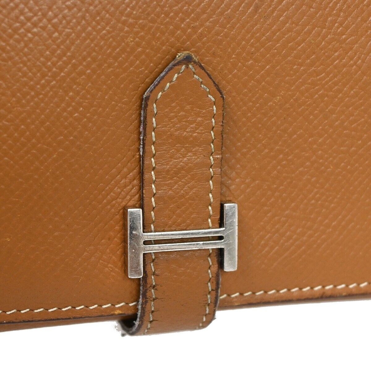 HERMES Logo Bearn Long Trifold Wallet Purse Chevre Leather Brown France 36GA820