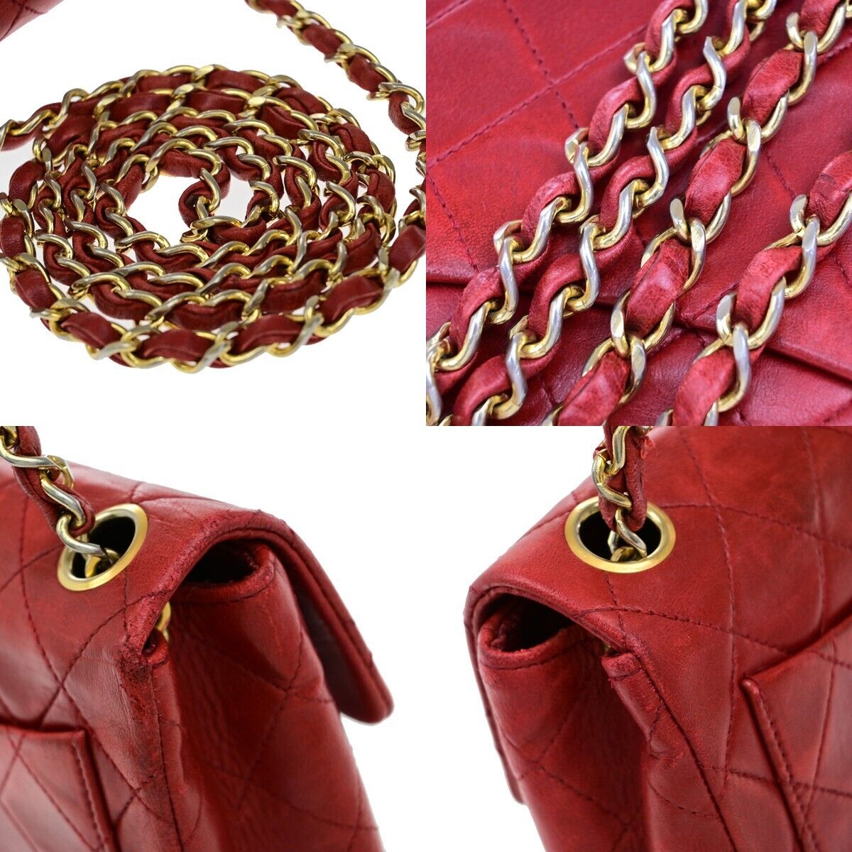 CHANEL CC Logo Mini Matelasse Chain Shoulder Bag Leather Red Vintage 673RF237