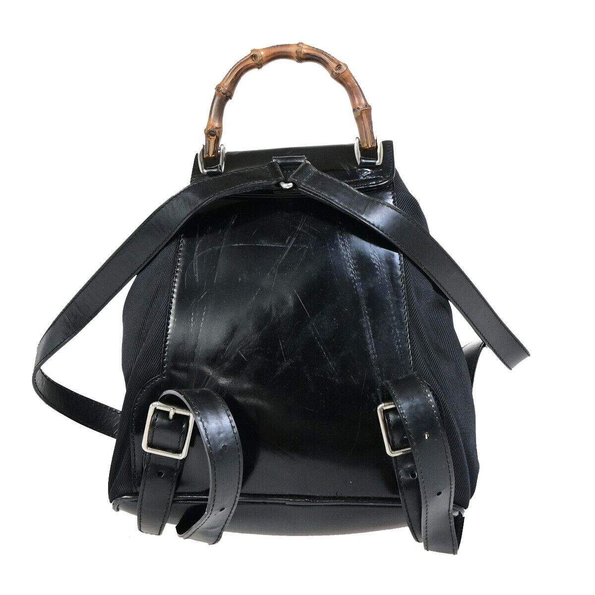 GUCCI Logo Bamboo Backpack Bag Leather Nylon Black Italy 68EB288