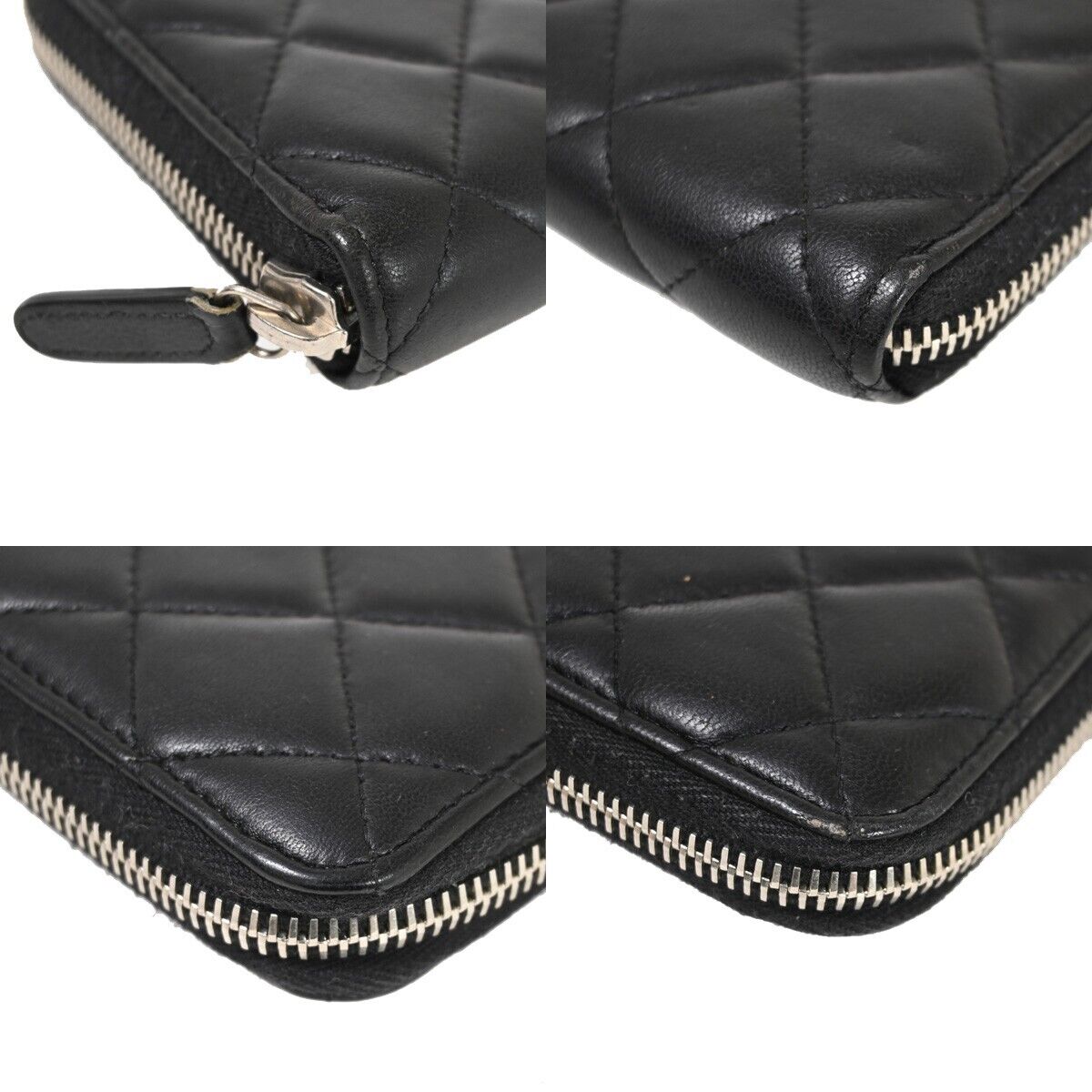 CHANEL CC Logo Zip Around Wallet Purse Matelasse Leather Black Silver 16HB878