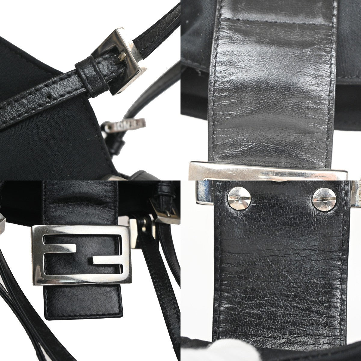 FENDI Logo Mamma Baguette Hand bag Nylon Leather Black SHW Italy 35KD062