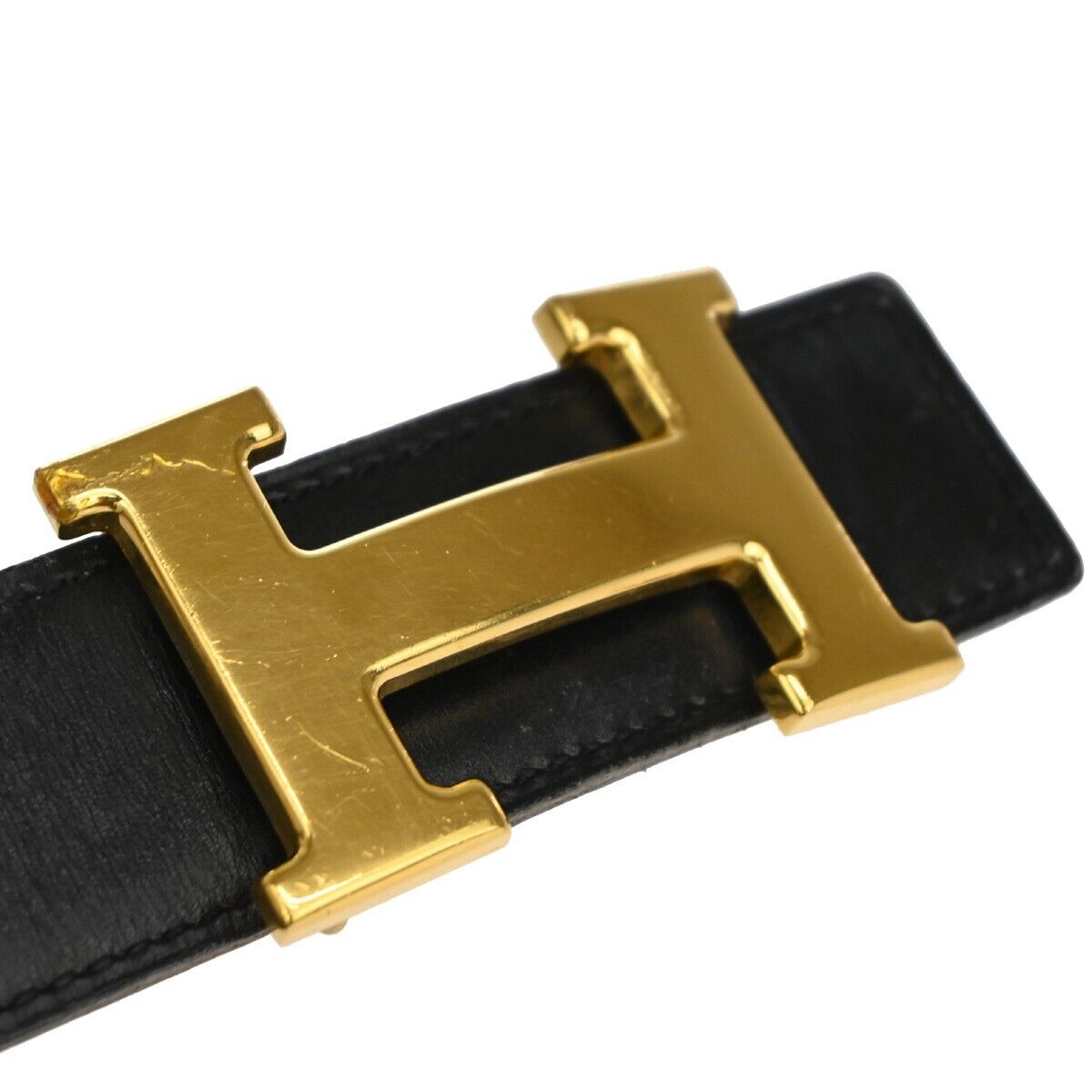 HERMES H Logo Constance Reversible Buckle Belt #68 Leather Black Gold 86YD916