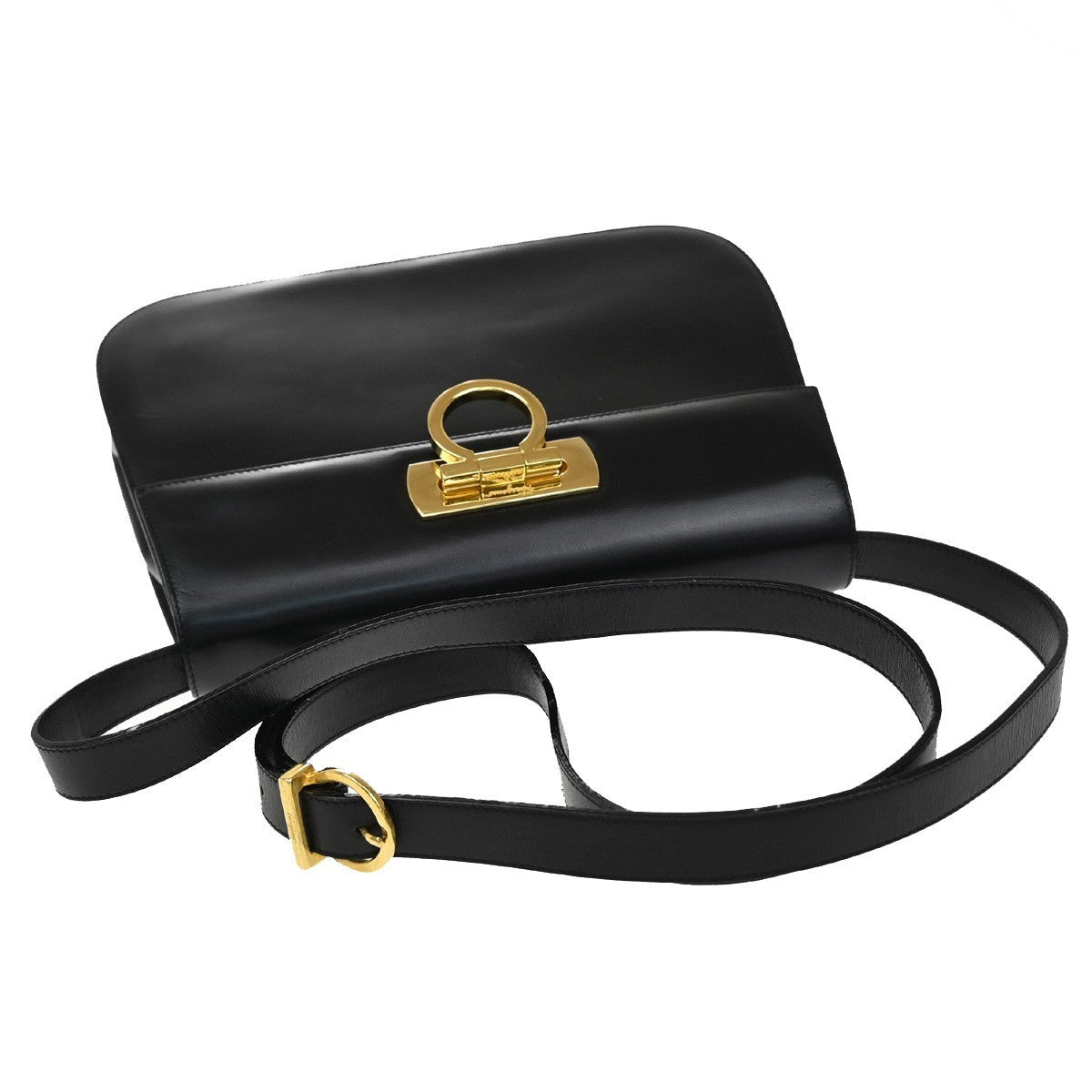 SALVATORE FERRAGAMO Logo Gancini Shoulder Hand Bag Leather Black 80EF729