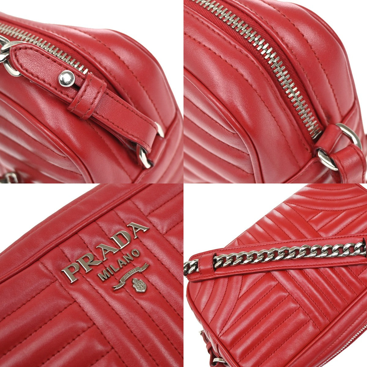 PRADA Logo Diagramme Mini Chain Shoulder Bag Leather Red SHW Italy 46RL099