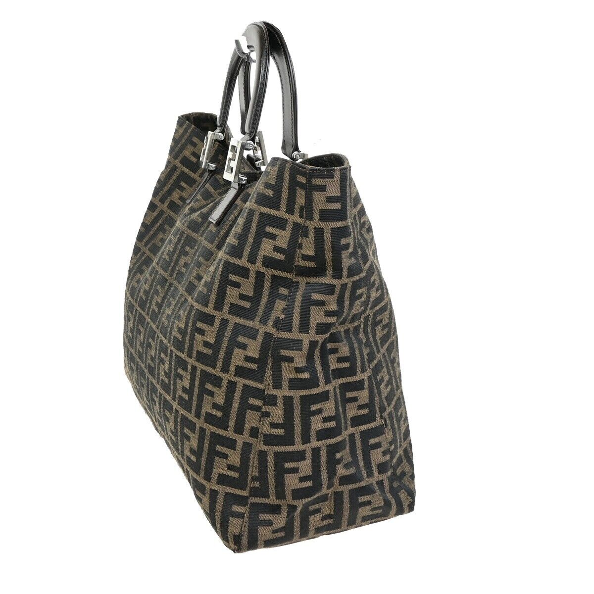 FENDI Logo Zucca Pattern Hand Tote Bag Canvas Leather Brown Silver Italy 98RF206