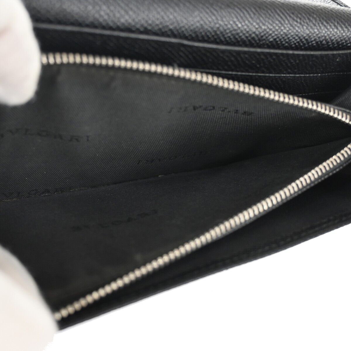 BVLGARI BVLGARI Logo Long Bifold Wallet Purse Leather Black Silver Italy 07ED474