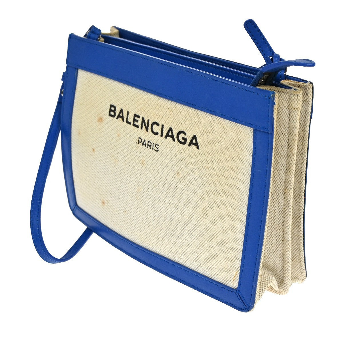 BALENCIAGA LOGO Navy Pochette Shoulder Bag Canvas Leather WE BE 62KC089