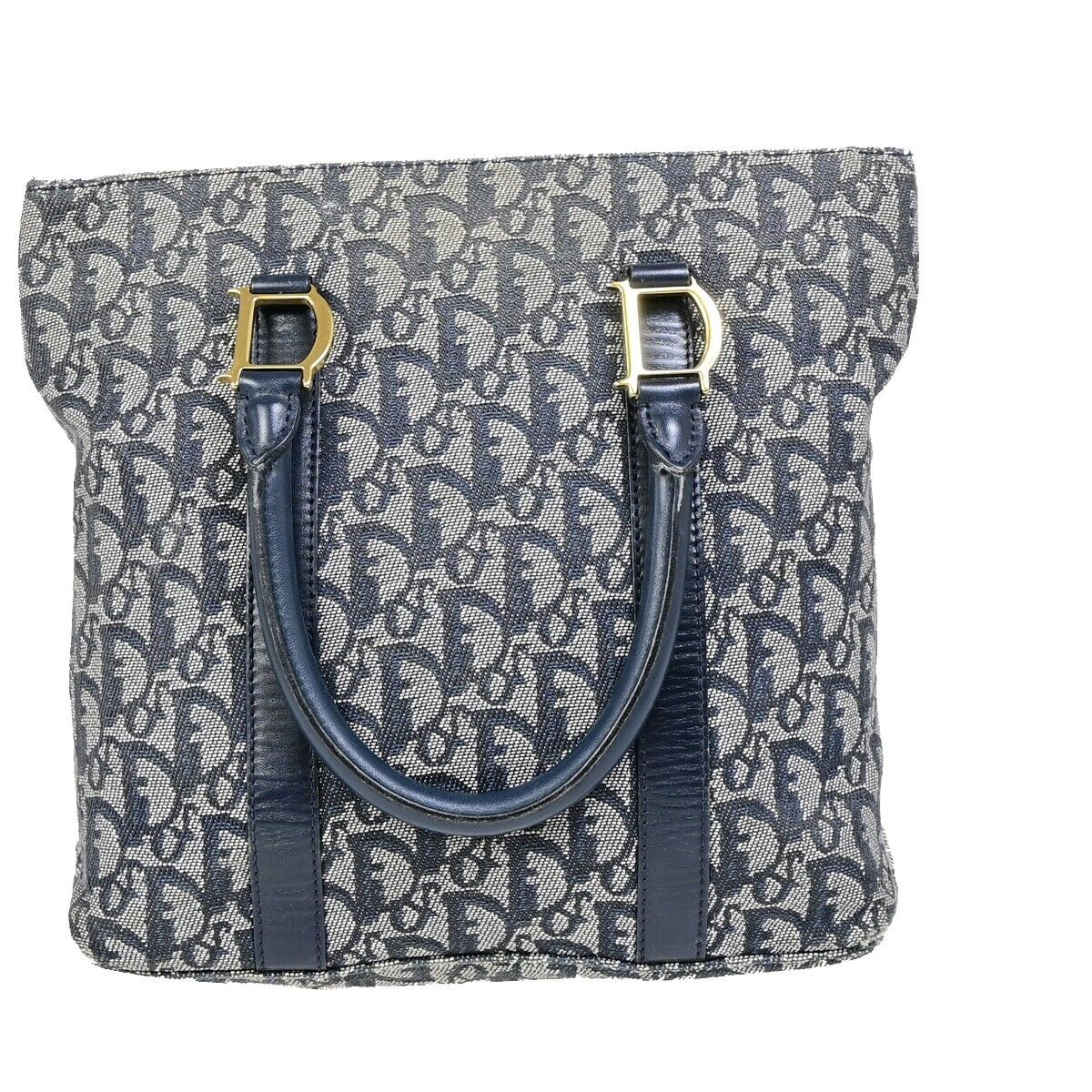 CHRISTIAN DIOR Trotter Pattern Hand Tote Bag Canvas Leather Blue GHW 35EB800