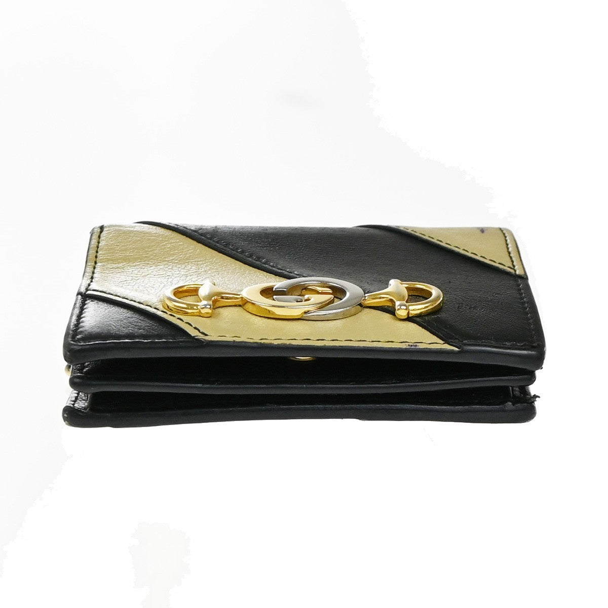 GUCCI GG Logo Zumi Chain Compact Wallet Leather Black Beige 60EG391