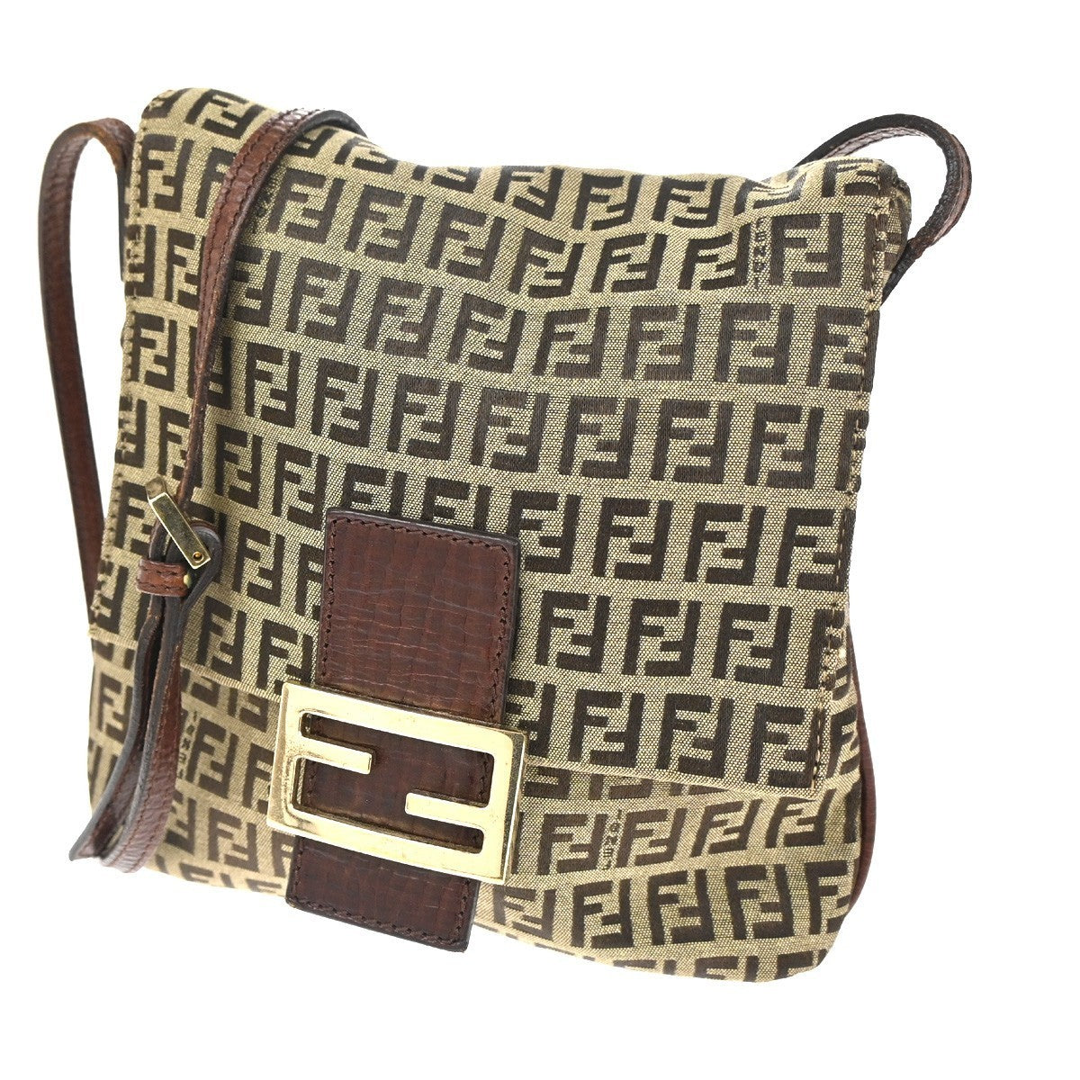 FENDI Zucca Zucchino Pattern Shoulder Bag Canvas Leather Brown Italy 82RL762
