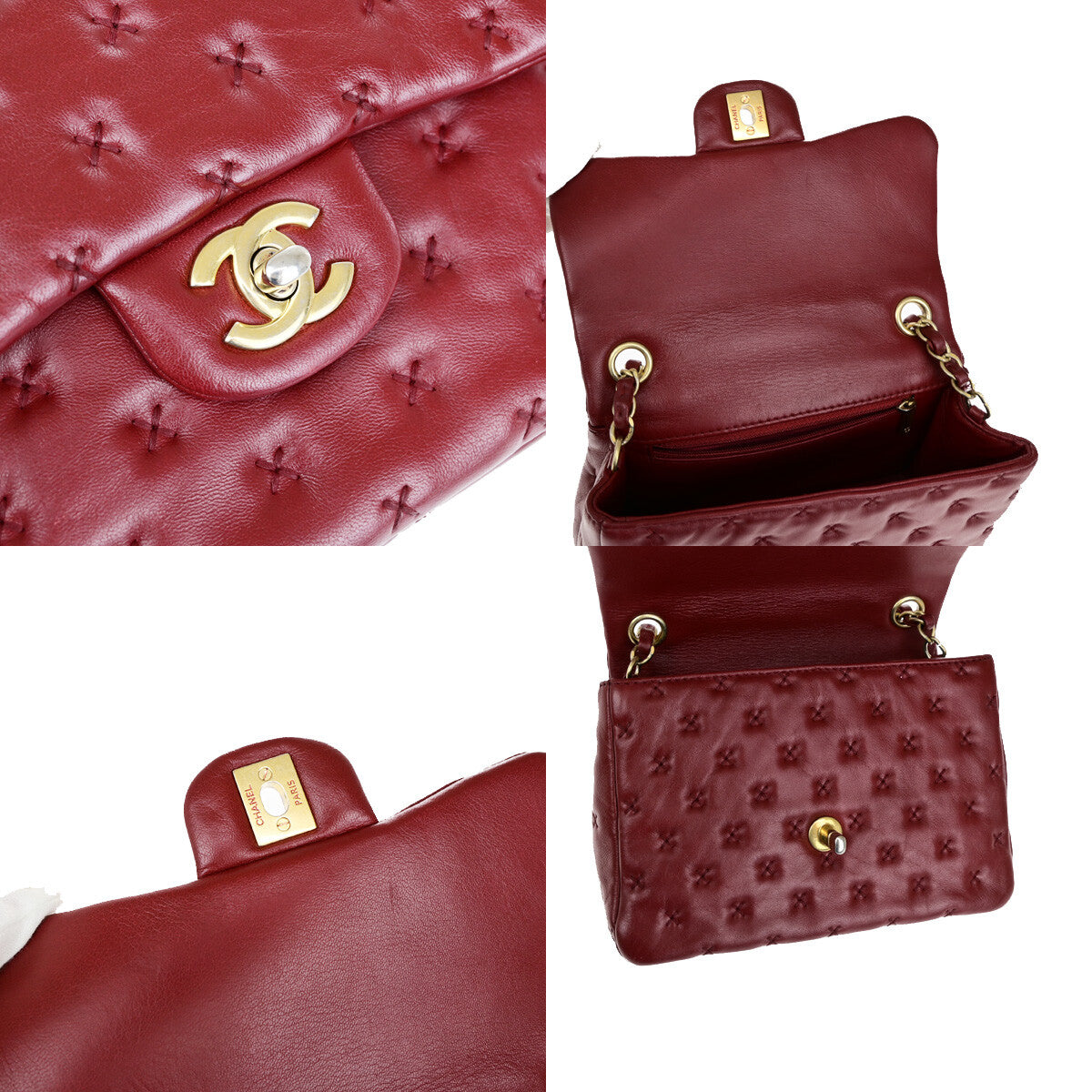 CHANEL CC Cross Stitch 2Way Chain Shoulder Hand Bag Leather Red GHW 805RJ983