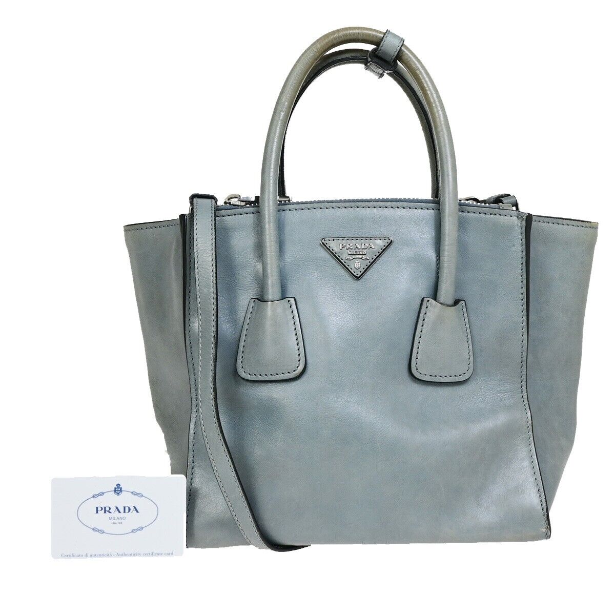 PRADA MILANO Logo 2Way Shoulder Hand Bag Leather Blue Silver Italy 88HC034