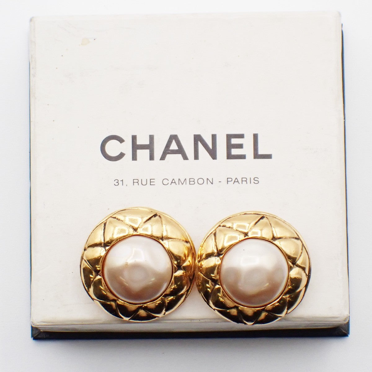 CHANEL Logo Imitation Pearl Round Button Earrings Clip-On Gold 61RF636