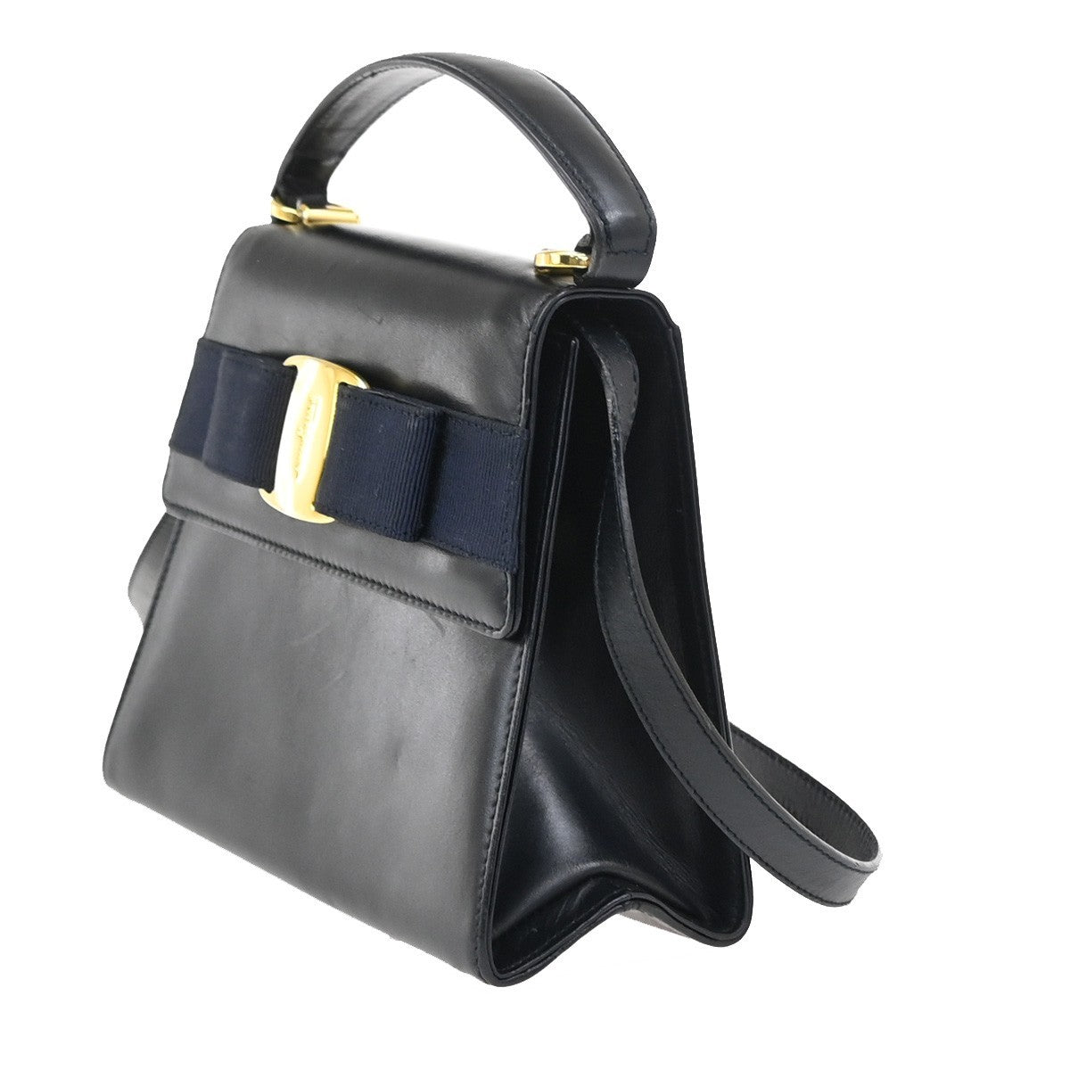 SALVATORE FERRAGAMO Logo 2Way Mini Shoulder Hand Bag Leather Navy Blue 62YJ092