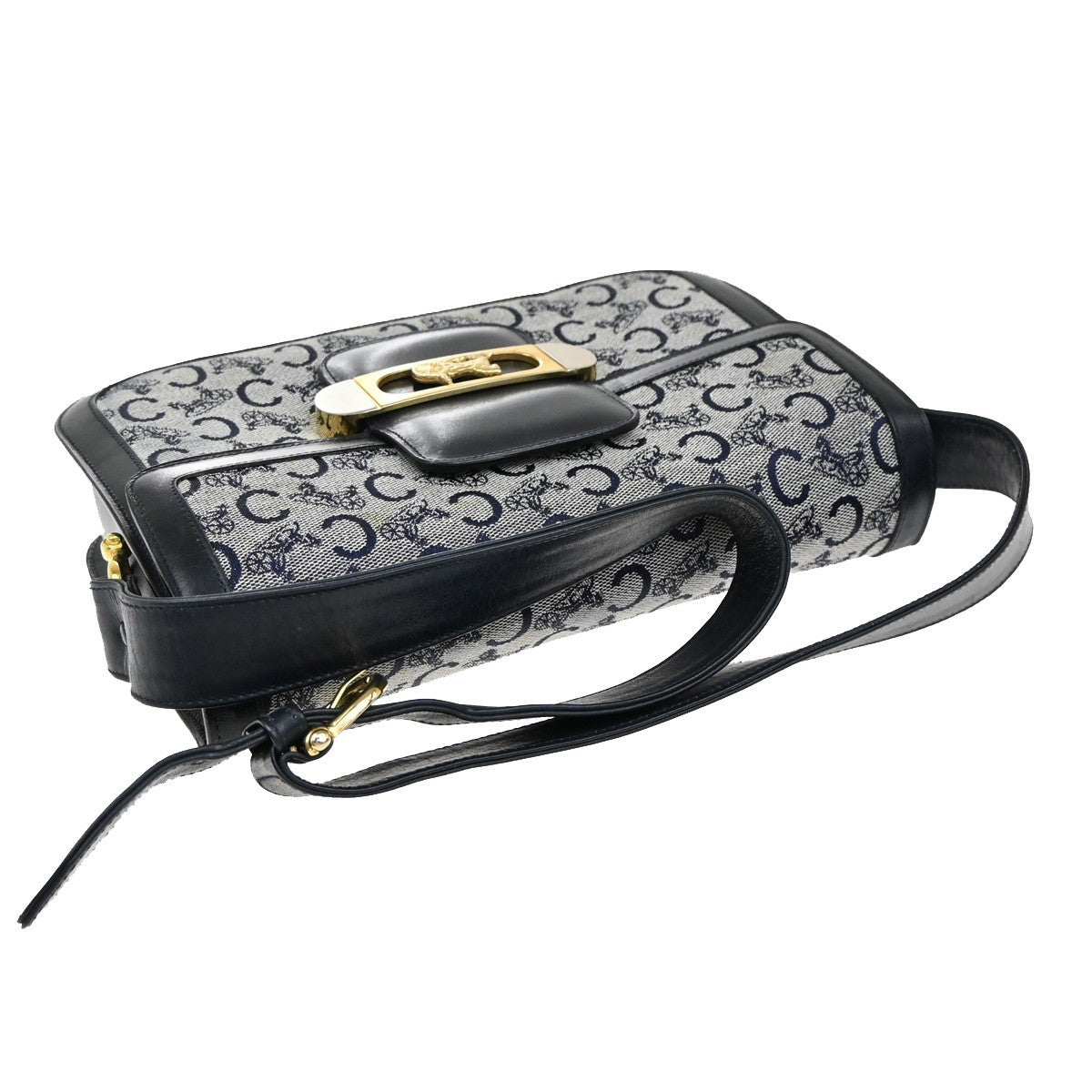 CELINE C Macadam Horse Carriage Shoulder Bag Canvas Leather Navy Blue 67EF889