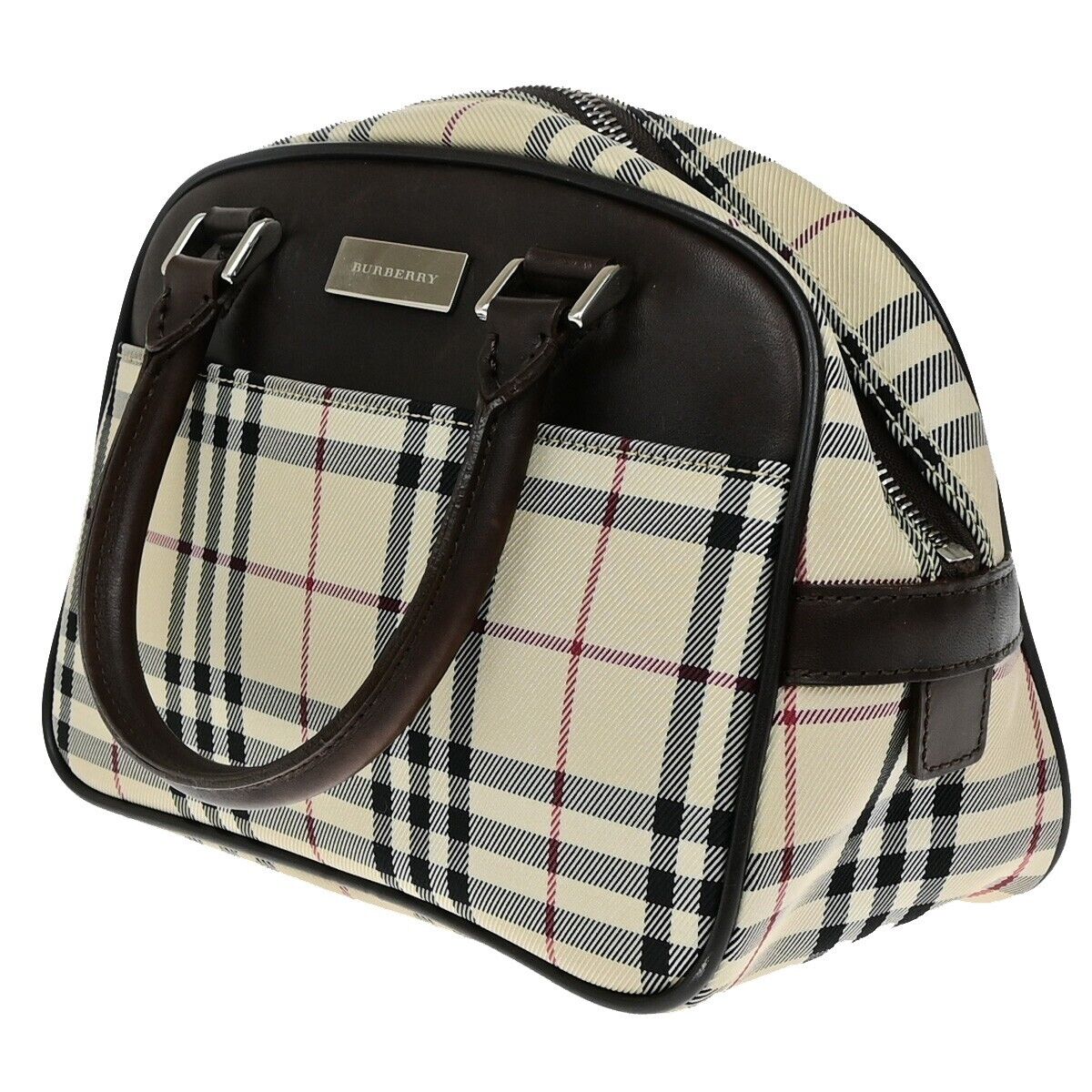 BURBERRY Logo Nova Check Hand Bag Canvas Leather Beige Brown Silver 38ED684