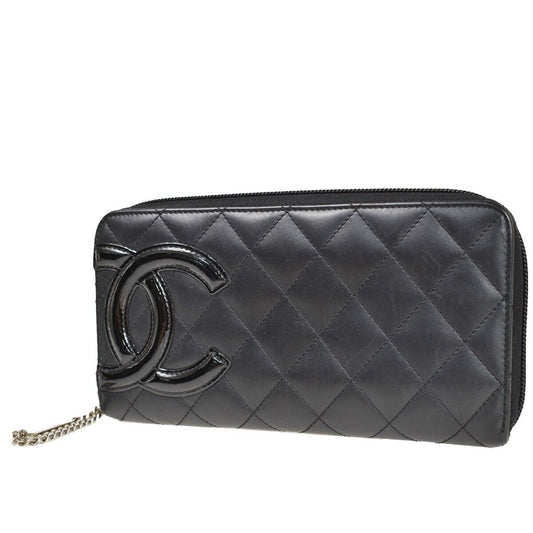 CHANEL CC Cambon Long Zipper Bifold Wallet Patent Leather Black SHW 75YC568