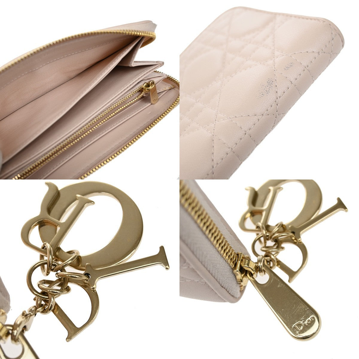 CHRISTIAN DIOR Logo Cannage Zipper Around Long Wallet Leather Pink GHW 80KB338