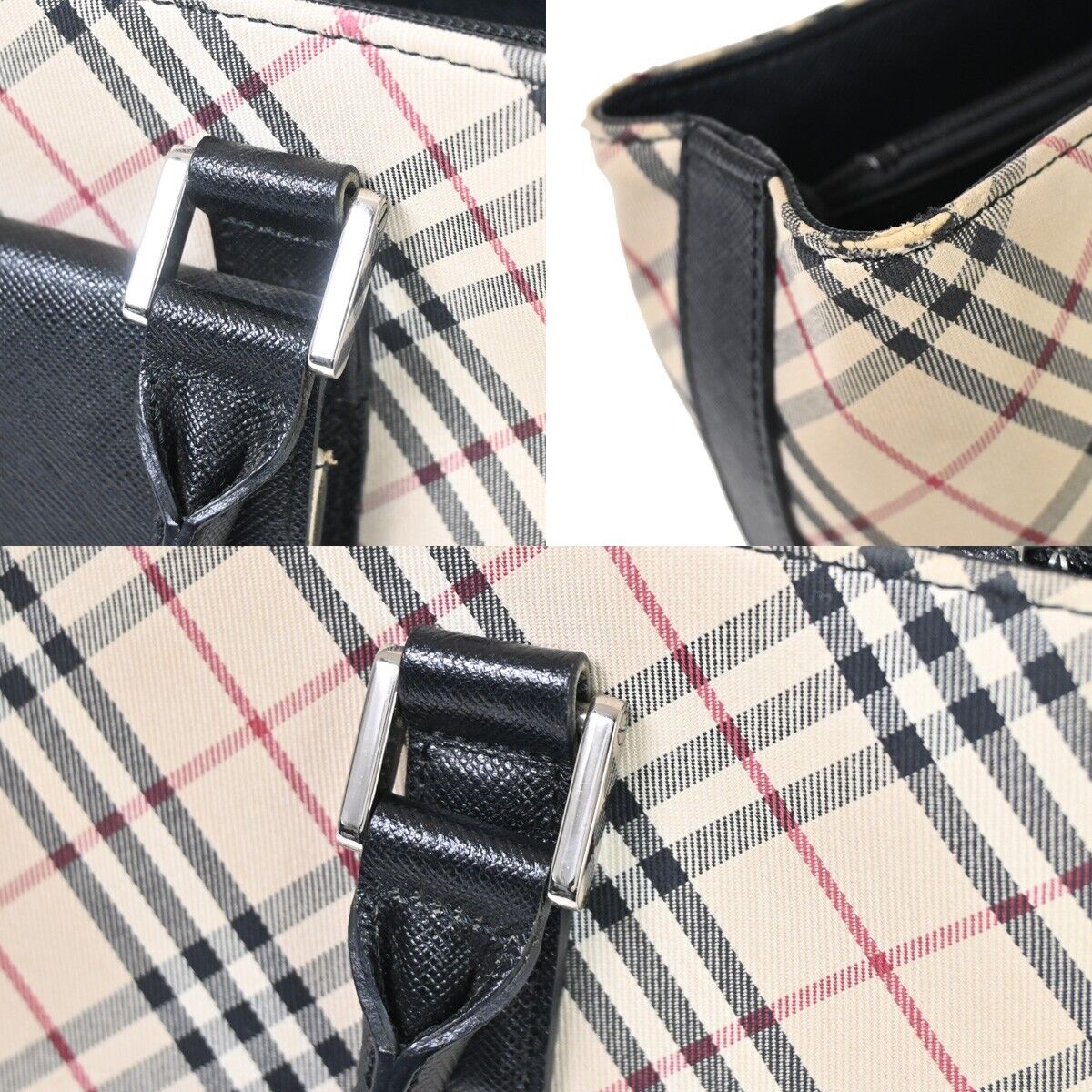 BURBERRY Logo Nova Check Hand Tote Bag Canvas Leather Beige Black Silver 69HB709