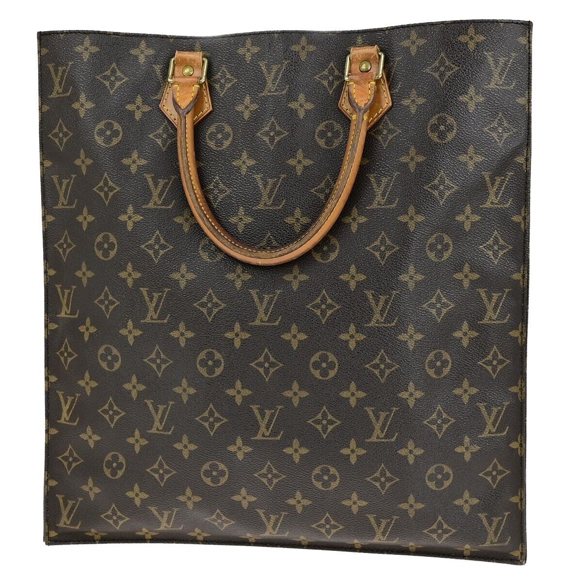 LOUIS VUITTON Logo Sac Plat Hand Tote Bag Monogram Leather Brown M51140 35ED420